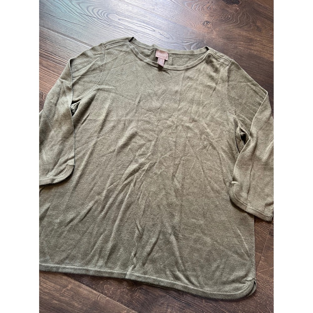 Chicos Womens Top Size‎ 2 Olive Green 3/4 Sleeve Knit Sweater Relaxed